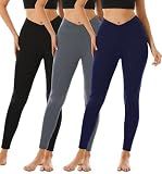 FULLSOFT 3 Pack Black Crossover Leggings for Women-Tummy Control Butt Lifting Workout Running Exercise Yoga Outfits Pants Tights Fitness Clothing(Black,Dark Grey,Navy Blue Cross Waist,Large-X-Large)