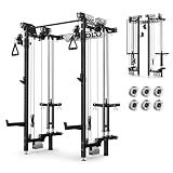 Mikolo Folding Squat Rack, Wall Mounted Power Rack with Cable Crossover Machine & LAT Pull Down, Functional Trainer with 5 Adjustable Function Modes, Distraction-Free Workout (Black)