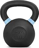 Yes4All Powder Coated Kettlebell, 35 lb Cast Iron Core Kettlebells with Non-Slip Handle & Flat Bottom for Conditioning, Heavy Duty for Strength Training - Single, Light Blue
