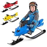 Goplus Snow Racer Sled with Brakes, Steering Handle, Tow Ropes (Blue) | Metal Ski Slider Board, Snow Bike Sled Downhill Sleigh for Kids Tenns Winter Sports