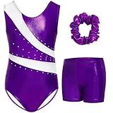 Gogokids Gymnastics Leotards for Girls Sparkly Rhinestone Dance Unitard with Shorts & Hair Scrunchie Activewear, B-purple, 9-10 years, 140