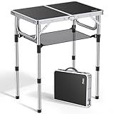 Anbte Folding Camping Table, Aluminum 24" x 16" Adjustable Height Small Folding Table with Carrying Handle, Lightweight, Portable Camping Table Waterproof for Outdoor Indoor Picnic Beach BBQ (Black)