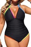 Aqua Eve Plus Size Swimsuits One Piece Bathing Suit for Women Tummy Control Sexy Halter Swimwear Colorful Black 18W