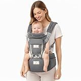 6 in 1 Hip Carrier for Baby - Easy to Wear Ergonomic Front Facing Baby Carrier with Hip Seat for 7–44 lbs - Baby Harness with Back Support, Breathable & Adjustable for Comfortable Travel - Grey