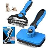 3PCS Self Cleaning Slicker Brush & Pet Grooming Rake & Flea Comb for Dogs, Cats and Horses | Double-Sided Dematting Comb & Skin Friendly Deshedding Grooming Tool | Premium Pet Supplies (Blue)