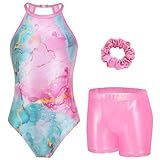 Zaclotre Girls Leotards for Gymnastics Sparkly Clasp Back Sleeveless Dance Outfits with Gym Shorts Pink Marble 7-8Y