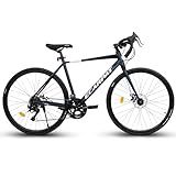 700C Lightweight Aluminum Road Bike, 16-Speed Racing Bicycle with Disc Brakes, Hybrid Commuter Bike for Men and Women, Perfect for City Roads and Outdoor Cycling (L-Dark Blue-A)