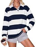 Blooming Jelly Womens Striped Polo Shirts Oversized V Neck Long Sleeve Tops