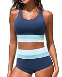 Dipinon Women's High Waisted Bikini Sets Two Piece Swimsuit Bathing Suits Sporty Athletic Scoop Neck Swimwear (L) Navy/Blue/White