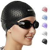 Silicone Swim Cap for Women Long Hair – 3D Non-Slip Design, Durable Tear-Resistant Waterproof Bathing Cap for Adults (Black)