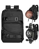 WOLT Skateboard Backpack, 15.6 Inch Laptop Backpack for Men Women, Sports Backpack with Ball Holder for Longboard Basketball Soccer, Black