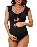 Charmo Maternity Ruffle Swimsuits for Women Back Tie Knot One Piece Pregnancy Bathing Suits Black