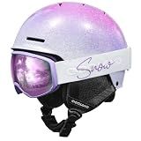 Odoland Kids Ski Helmet, Snow Helmet with Ski Goggles Set for Boys & Girls | Durable PC Shell, EPS Impact Foam, Windproof, Safety Snowboard Sports Helmets for Ages 6-14, Sparkly Gradient Purle, XS