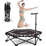 HXD-ERGO 42'' Foldable Mini Trampoline, Rebounder Trampoline with Adjustable Foam Handle, Fitness Trampoline for Indoor, Outdoor, Home Gym, Max Load 460 lbs (Pink)