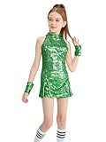 LOLANTA Skating Dress Girls Sparkle Hip Hop Jazz Dance Outfits Neon Dress for Glow Party (Green, 8-9 Years)