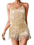 Kaei&Shi Sequin Fringe Romper,Sparkly Glitter Metallic Jumpsuits For Women,Backless Shorts Dress Disco Birthday Dance Outfit,Gold,Small