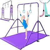 PreGymnastic Folding Gymnastics Bar with Rings, Foldable Kip Bar with Sturdier Base, Training Bar for Kids Ages 3-10, Horizontal Bar, Home Gym Equipment for Boy Girl(Foldable Bar with Mat,Violet-Mat)