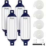 VEITHI Boat Fenders 4 Pack 6.5 x 23 inch,Ribbed Twin Eyes Vinyl Boat Bumpers Fenders,Boat Bumpers for Docking Come with Ropes Needles and Pump to Inflate,Pontoon Boat Fenders for Docking - White/Blue