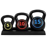 Best Choice Products 3-Piece Kettlebell Set with Storage Rack, HDPE Coated Exercise Fitness Concrete Weights for Home Gym, Strength Training, HIIT Workout 5lb, 10lb, 15lb