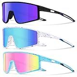 Kegrimi 3 Pack Kids Sunglasses Youth Baseball Polarized Sun Glasses Sports Cycling Running for Boys Girls UV Protection（Black+bue/Vhite+blue/Blue+pink）