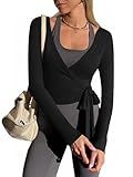 Yousify Womens Wrap Tie Tops Y2k Long Sleeve Ballet Pilates Yoga Workout Wrap Shirts Deep V Neck Casual Tops Black