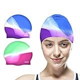 Vsidea Silicone Swim Caps, 2 Pack Durable Comfortable Adult Swimming Cap Elastomeric for Women Man Short Hair Long Hair