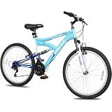 WEIZE 24 inch Adult Mountain Bike, All-Terrain Bicycles with Dual Full Suspension, Trail Bike 6 Speeds Drivetrain, High-Carbon Steel Frame, Blue