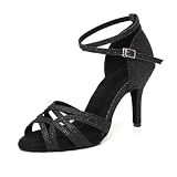 GYUBL Latin Ballroom Dance Shoes for Women Black Salsa Dance Heels Suede Sole Open Toe Bachata Parties Wedding Performance Professional 3 1/3 inch Dancing Heels, 8.5 US