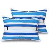 Menkxi 2 Pack 17"x10" Inflatable Beach Pillow with Removable Cover, Beach Chair Backpacking Pillow with Strap Stripe for Summer Sand Pools Travel Vacations(Blue White)