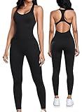 OLCHEE Womens Workout Jumpsuits Seamless Yoga Gym Bodycon Rompers Sexy Racerback Tummy Control Padded Bra Unitard - Black Medium