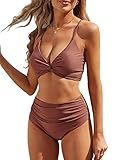 ZAFUL Twist High Waisted Bikini for Women Cross Lace Up Bathing Suit Ruched Bikini Swimsuits Tummy Control Swimwear Dust Pink L