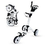Qwik-Fold 3-Wheel Golf Push Cart with Foot Brake – 1-Second Fold & Unfold Trolley, Lightweight Aluminum Frame, Adjustable Handle, Smooth Ball-Bearing Wheels, Umbrella Holder & Storage - White