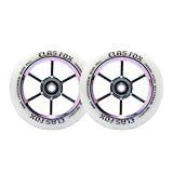 CLAS FOX 110mm One Pair Pro Stunt Scooter Wheels with ABEC-9 Bearings CNC Metal Core (2pcs) (White PU Rianbow Core)