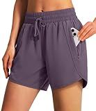 Ksmien Women's 5" Athletic Running Shorts Quick Dry Lightweight Workout Gym Shorts with Zipper Pockets UPF 50+ Grey Purple