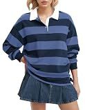 Lenader Women Long Sleeve Striped Polo Shirt Oversized Collar Y2k Pullover T Shirt Casual Loose Streetwear Rugby Sweatshirt Navy-Grey