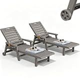 WTFGO HDPE Outdoor Chaise Lounge Set of 2 with Wheels & Cup Holder, Grey