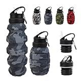 KUNHANG Collapsible Travel Water Bottle18oz, Reuseable Silicone Foldable Water Bottles for Gym Camping Hiking, Portable Leak Proof Sports Water Bottle with rugby Carabiner (Dark gray)