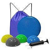 Wobble Cushion Set for Core Body Balance Training - Wiggle Disc Plus 4 Hedgehog Balance Pods and Pump, Inflatable Stepping Pads for Adults（Blue）