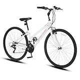 SPATIAL Hybrid Bike for Men & Women, 700C 21-Speed Commuter Bicycle, Steel Frame, 45C Wide Tires, V-Brake, 85% Pre-Assembled, with Kickstand & Bell, White