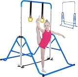 FCOUMY Gymnastics Horizontal Bar, Junior Training Kip Bar Gymnastics Equipment for Home, Adjustable Telescopic Height Folding Horizontal Bar with Gymnastic Rings for 3-12 Years Old Kids