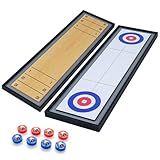 GYMAX Shuffleboard and Curling 2 in 1 Board Game, Portable 2-Sided Tabletop Wooden Shuffle Board and Curling Combo Game Set with 8 Rolling Pucks for Family Friends Indoor