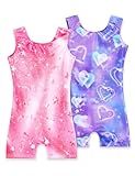 Nokecina Girls Gymnastics Leotards with Shorts Size 6-7 Years Old 2 Pack Sparkly Purple Pink Gym Unitards for Tumbling Class