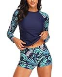 Daci Women Blue Leaves Two Piece Rash Guard Long Sleeve Swimsuits UV UPF 50+ Swim Shirt Bathing Suit with Boyshort Bottom M