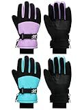 SATINIOR 2 Pairs Kids Waterproof Winter Snow Gloves Ski Gloves for Boy Girl Outdoor Warm Thickening Snowboard(Light Purple, Cyan,8-12 Years)
