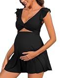 Charmo Ruffle Maternity Swimwear Twist Front Cutout Pregnancy Swimsuits for Women Padded V Neck Maternity Swim Dress Black L