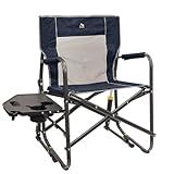 GCI OUTDOOR Freestyle Rocker with Side Table Camping Chair | Portable Folding Rocking Chair with Solid, Durable Armrests, Drink Holder & Comfortable Backrest — Heathered Indigo