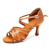 RoseMoli Women's Latin Dance Shoes Satin Professional Ballroom Salsa Practice Performance Dance Shoes Tan-2.8