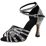 BREXLI Women’s Rhinestone Latin Dance Heels, Salsa Bachata Ballroom Dance Shoes for Women, Comfortable Satin 3-Inch Heels for Wedding Party Performance and Practice Black US6