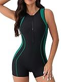 beautyin Chlorine Resistant Athletic Swimsuits Front Zip Modest One Piece Boyleg Swimwear Green/Black