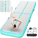 FBSPORT 10ft Inflatable Air Gymnastics Mat Training Mats 4 inches Thickness Gymnastics Tracks for Home Use/Training/Cheerleading/Yoga/Water with Pump light green